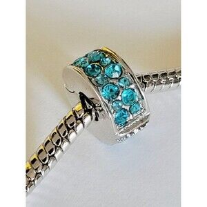 NWT For Pandora Charm Bracelets Silver Aqua Blue Rhinestone Stopper Clip Charm
